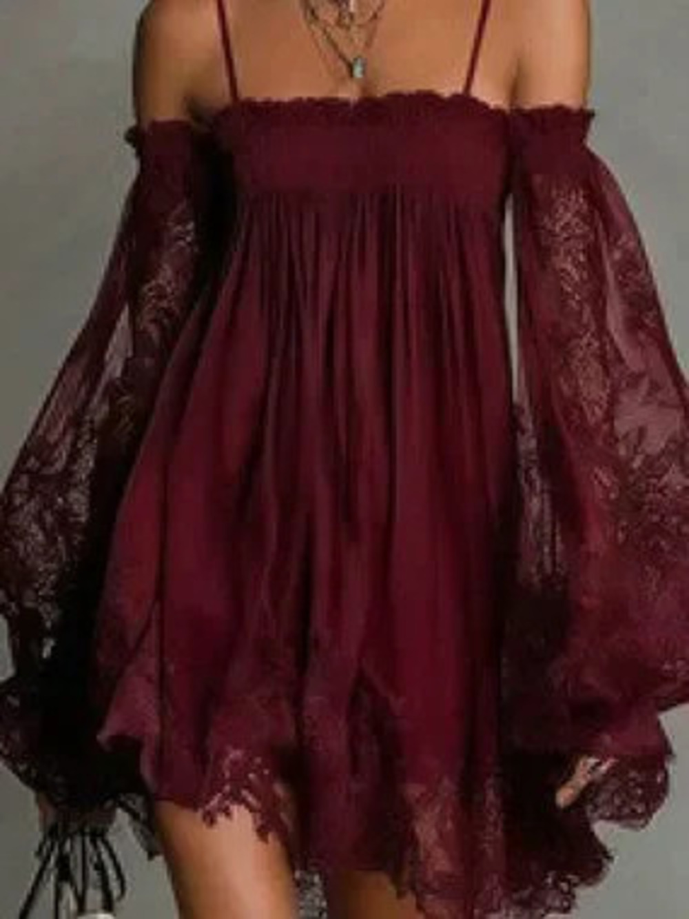 Red Chic Women's Spaghetti Strap Off-Shoulder Puff Sleeve Ruffle Hem Mini Dress